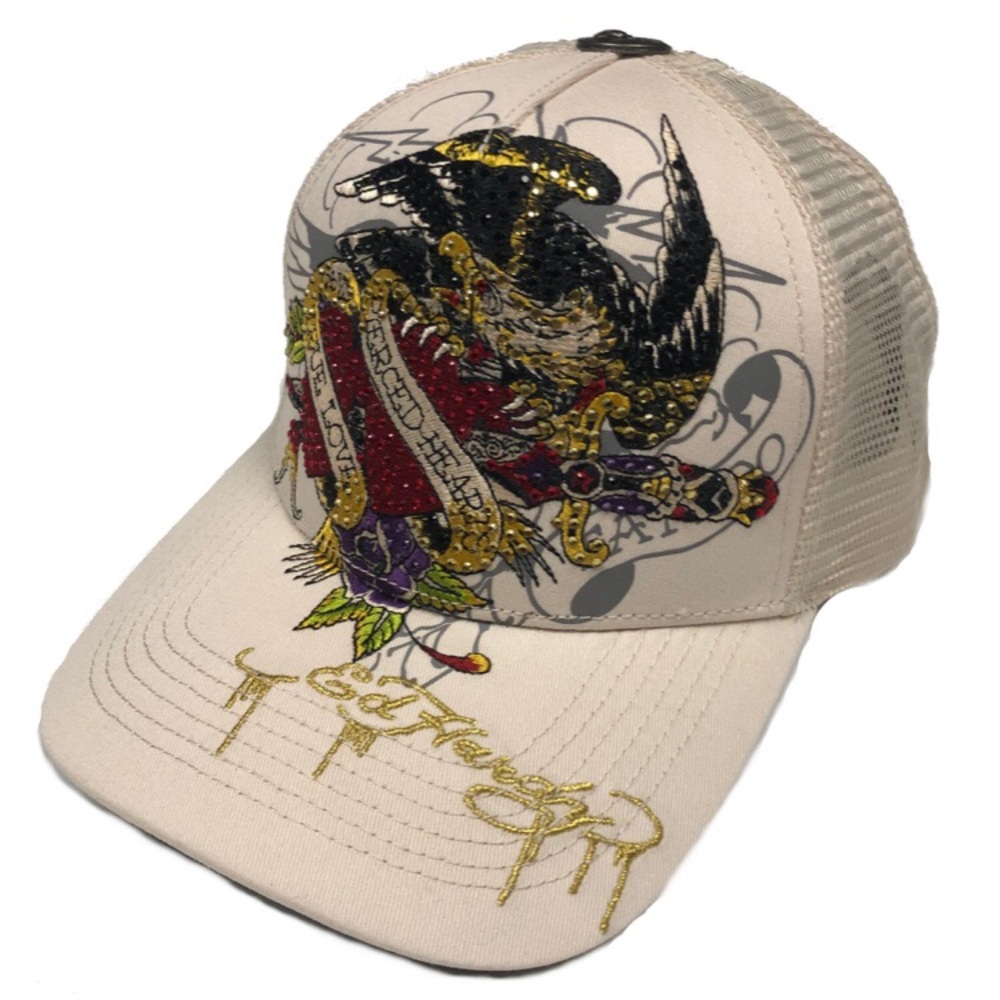 Embroidered Beige Trucker Cap with Eagle and Heart Design